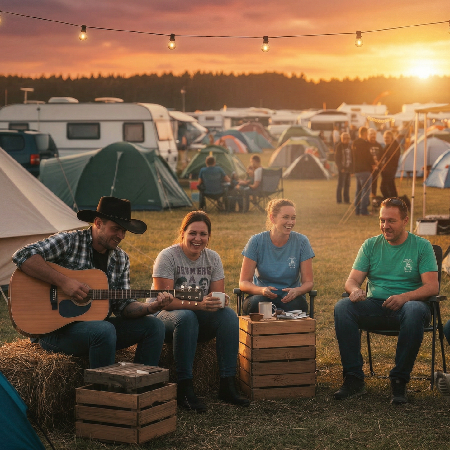 4 Besucher im Camp des Truck und Country Festivals im Sonnenuntergang