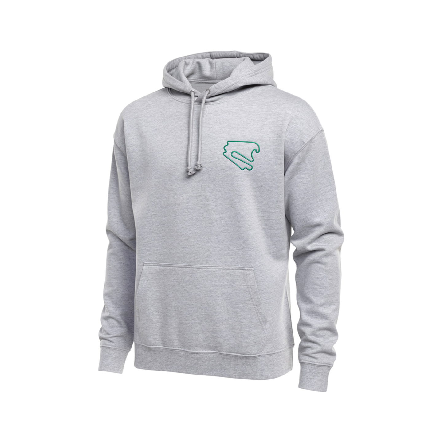Hellgrauer DEKRA Lausitzring Hoodie mit grünem Streckenlogo auf der Brust, sportliche Passform mit Kapuze und Kängurutasche – offizielles DEKRA Lausitzring Merchandise.