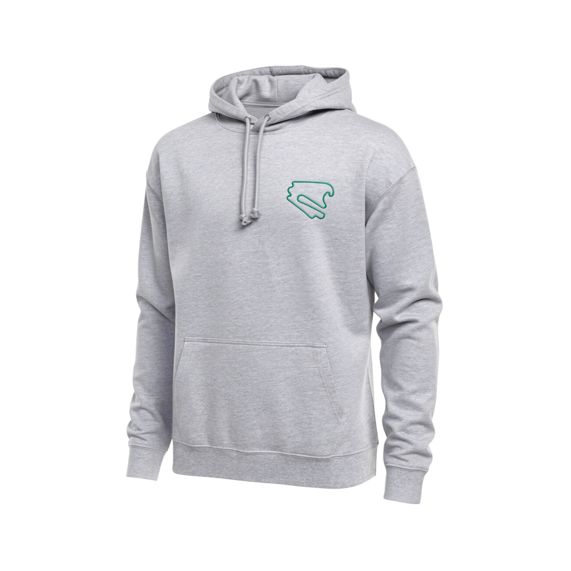 Hellgrauer DEKRA Lausitzring Hoodie mit grünem Streckenlogo auf der Brust, sportliche Passform mit Kapuze und Kängurutasche – offizielles DEKRA Lausitzring Merchandise.