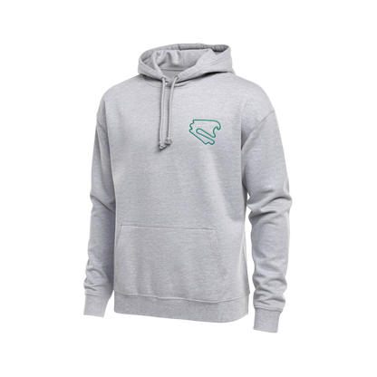 Hellgrauer DEKRA Lausitzring Hoodie mit grünem Streckenlogo auf der Brust, sportliche Passform mit Kapuze und Kängurutasche – offizielles DEKRA Lausitzring Merchandise.
