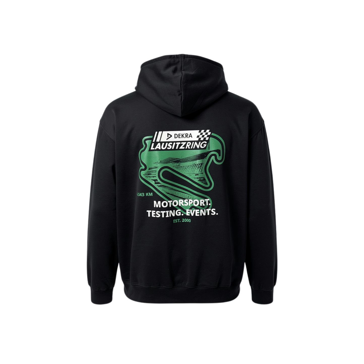 Schwarzer DEKRA Lausitzring Hoodie mit großem grünen Rückenprint des Lausitzring-Streckendesigns, Logo, Motorsport- und Event-Aufdruck sowie „EST. 2000“ – offizielles Merchandise.