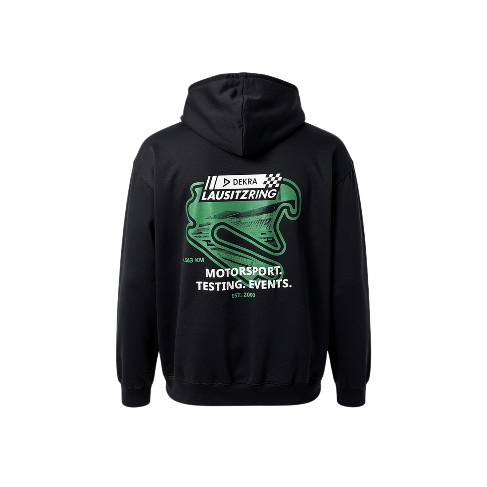 Schwarzer DEKRA Lausitzring Hoodie mit großem grünen Rückenprint des Lausitzring-Streckendesigns, Logo, Motorsport- und Event-Aufdruck sowie „EST. 2000“ – offizielles Merchandise.