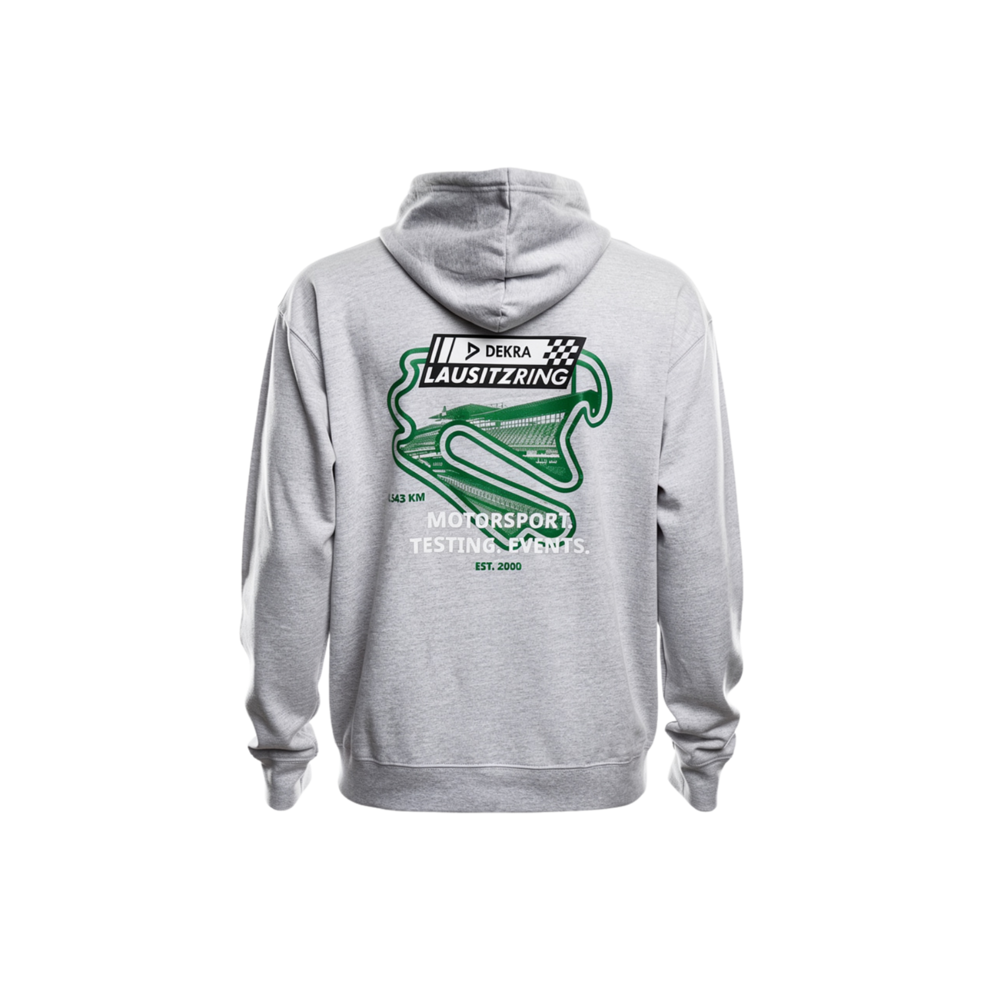 Hellgrauer DEKRA Lausitzring Hoodie mit großem grünen Rückenprint des Lausitzrings, Logo, Motorsport- und Event-Aufdruck sowie „EST. 2000“ – offizielles Merchandise.