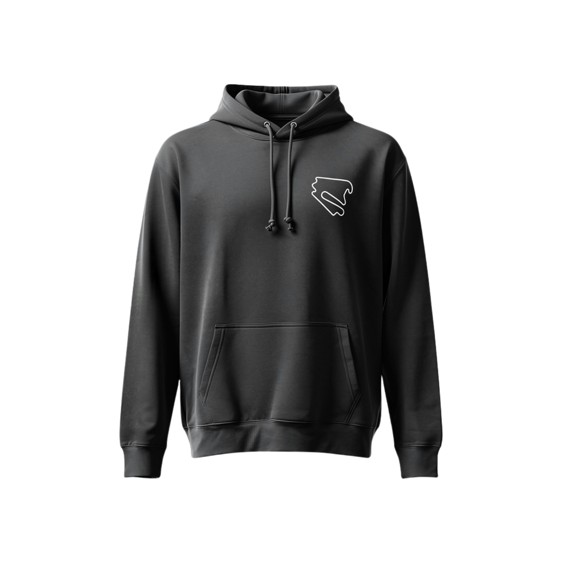 Schwarzer DEKRA Lausitzring Hoodie mit weißem Streckenlogo auf der Brust, moderne Passform, Kapuze und Kängurutasche – offizielles Merchandise des Lausitzrings.