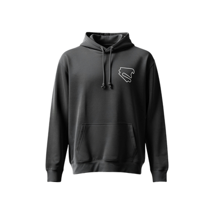 Schwarzer DEKRA Lausitzring Hoodie mit weißem Streckenlogo auf der Brust, moderne Passform, Kapuze und Kängurutasche – offizielles Merchandise des Lausitzrings.
