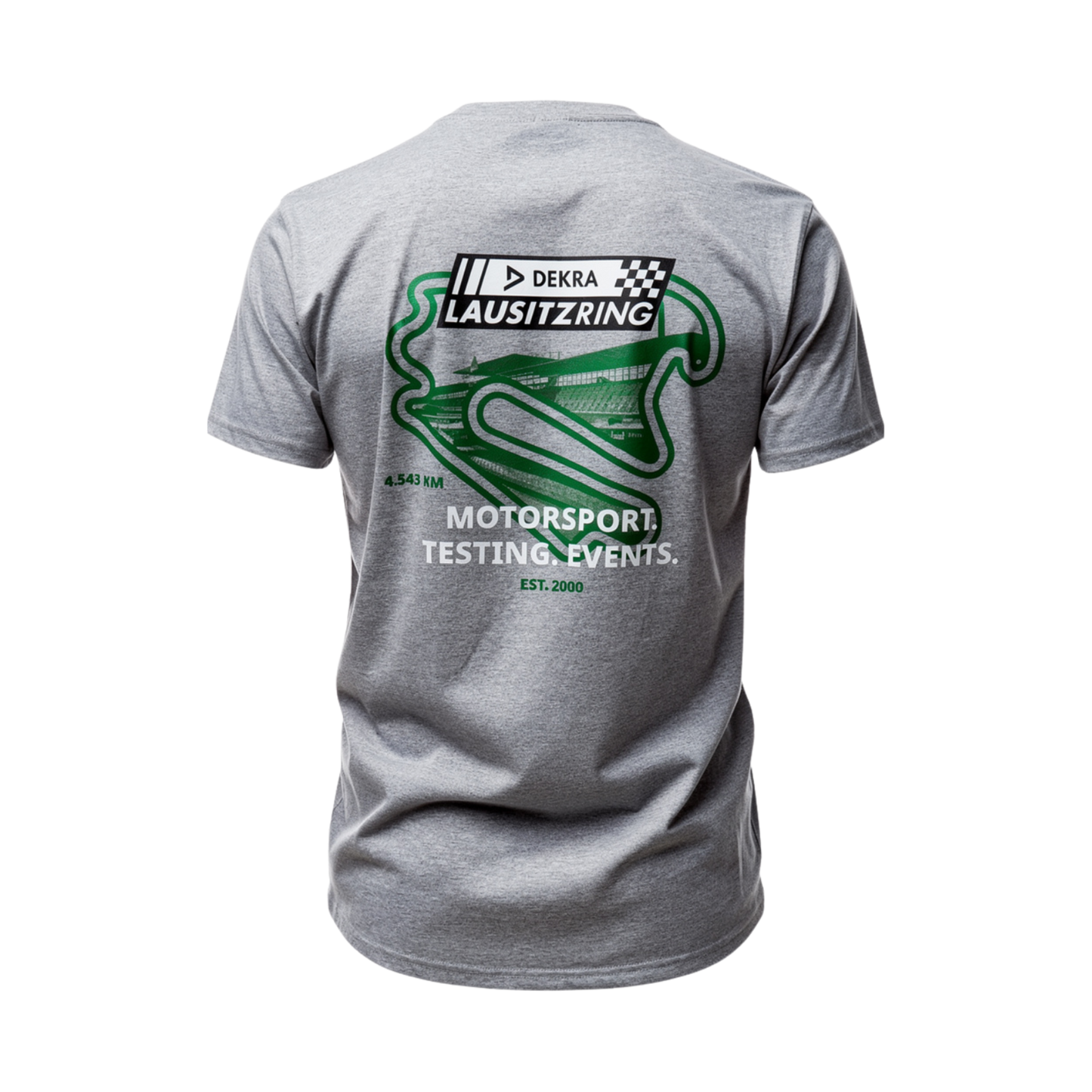 Hellgraues DEKRA Lausitzring T-Shirt mit großem grünen Rückenprint des Lausitzrings, Motorsport- und Event-Aufdruck sowie „EST. 2000“ – offizielles DEKRA Lausitzring Merchandise.