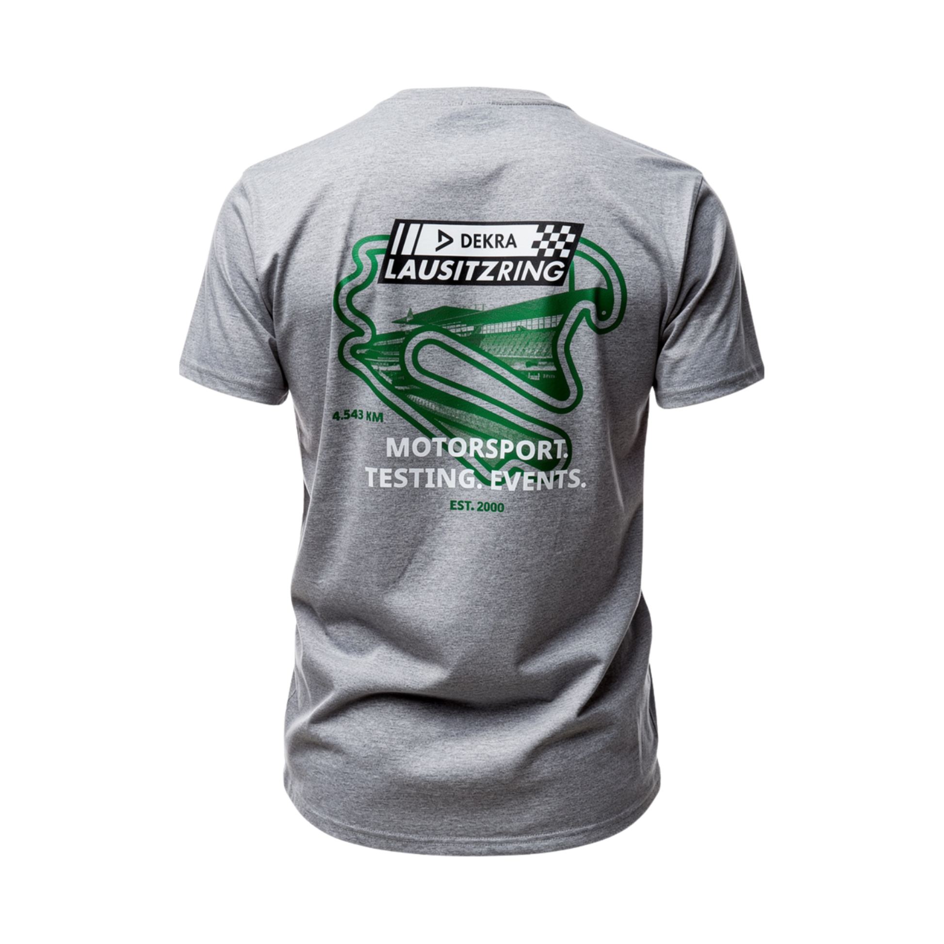 Hellgraues DEKRA Lausitzring T-Shirt mit großem grünen Rückenprint des Lausitzrings, Motorsport- und Event-Aufdruck sowie „EST. 2000“ – offizielles DEKRA Lausitzring Merchandise.