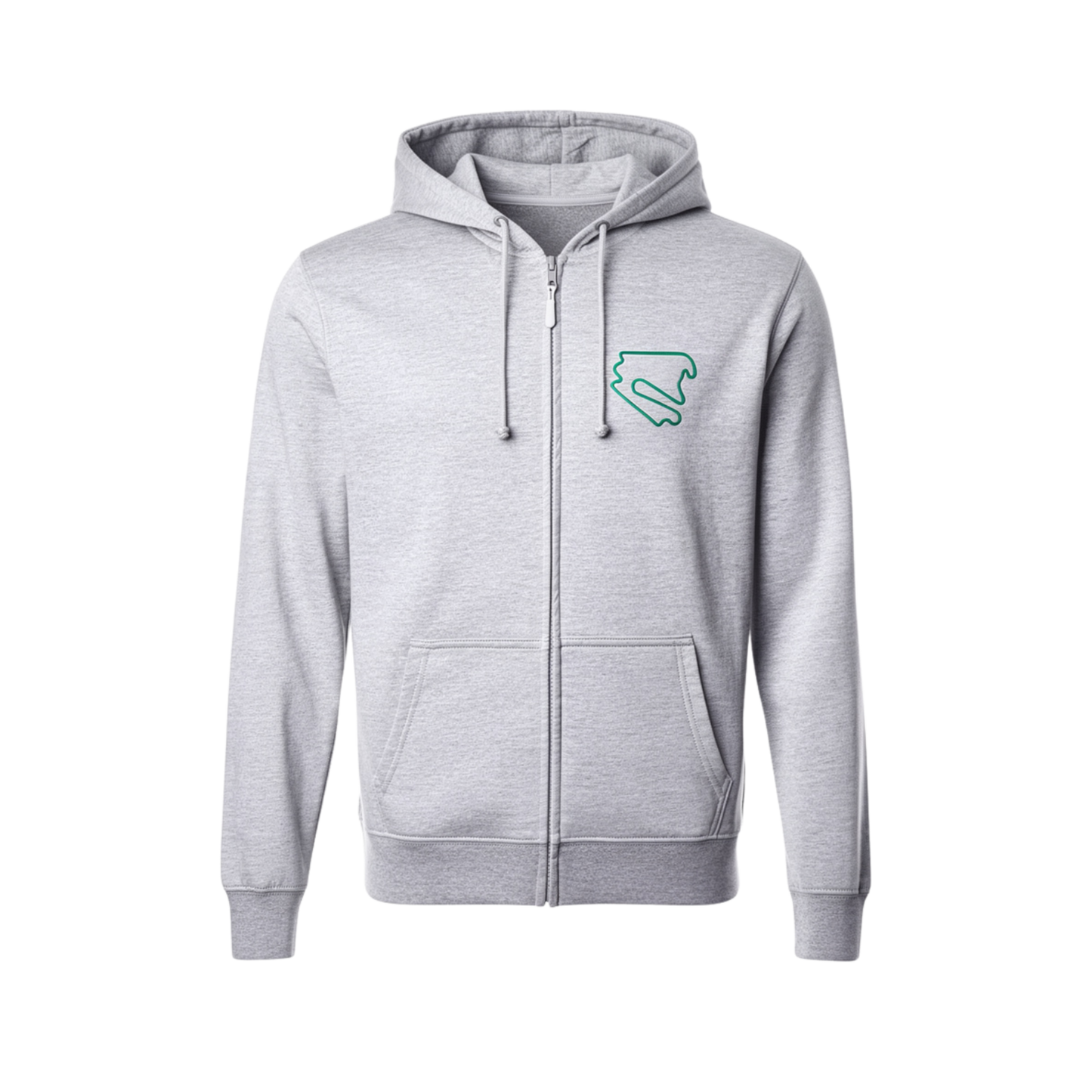 Hellgrauer DEKRA Lausitzring Zip Hoodie mit grünem Streckenlogo auf der Brust, Kapuze, Reißverschluss und Kängurutaschen – offizielles DEKRA Lausitzring Merchandise.