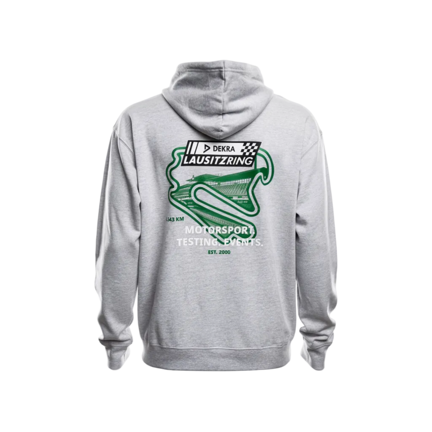 Hellgrauer DEKRA Lausitzring Zip Hoodie mit großem grünen Rückenprint des Lausitzrings, Motorsport- und Event-Aufdruck sowie „EST. 2000“ – offizielles DEKRA Lausitzring Merchandise.