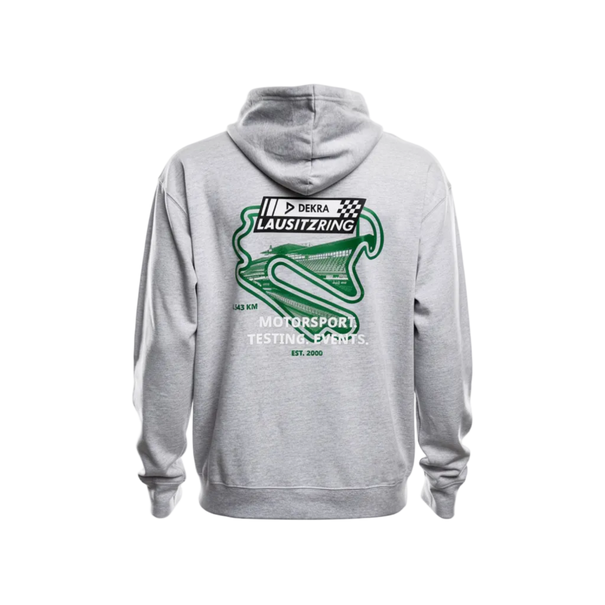Hellgrauer DEKRA Lausitzring Zip Hoodie mit großem grünen Rückenprint des Lausitzrings, Motorsport- und Event-Aufdruck sowie „EST. 2000“ – offizielles DEKRA Lausitzring Merchandise.