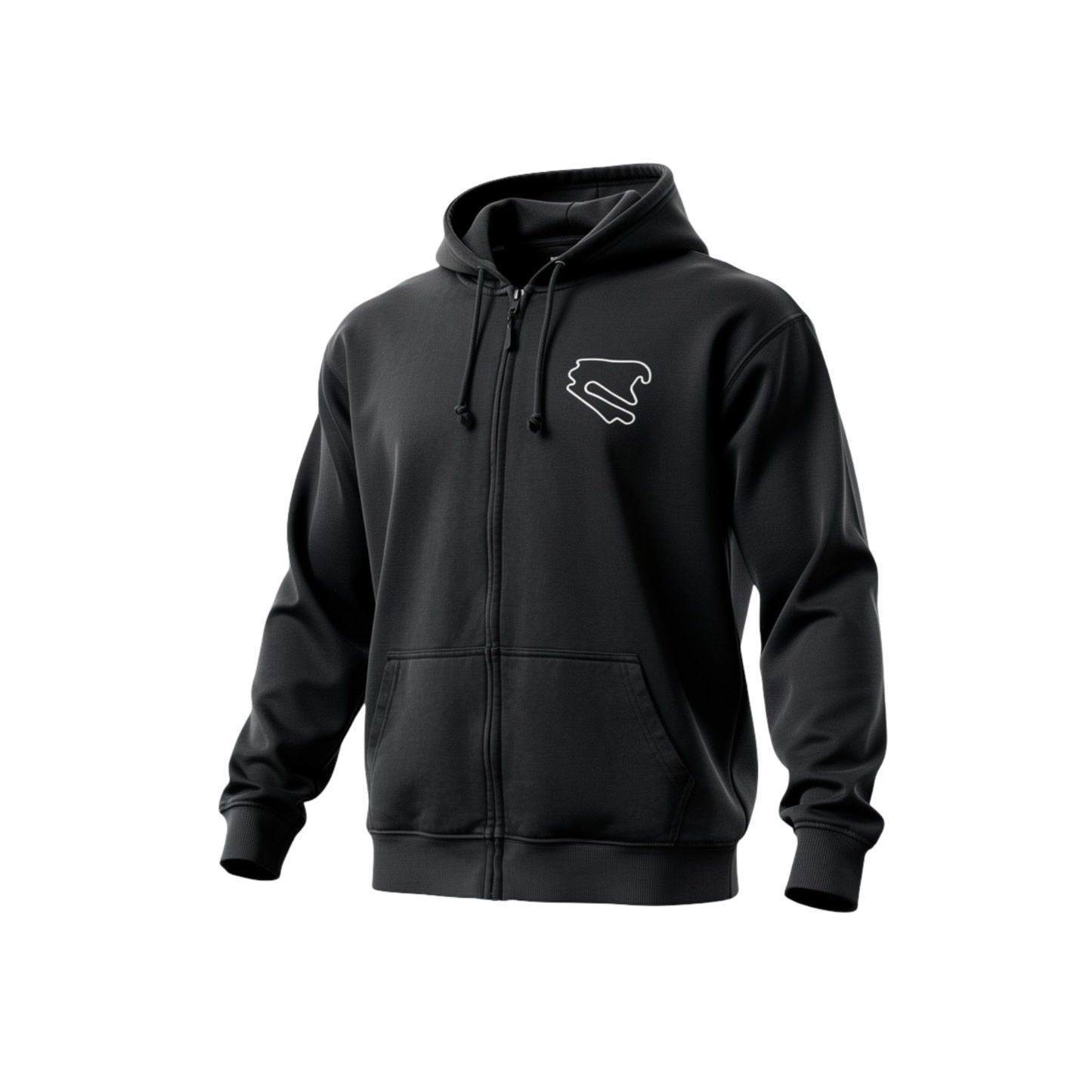 Schwarzer DEKRA Lausitzring Zip Hoodie mit weißem Streckenlogo auf der Brust, Reißverschluss, Kapuze und sportlicher Passform – offizielles DEKRA Lausitzring Merchandise.