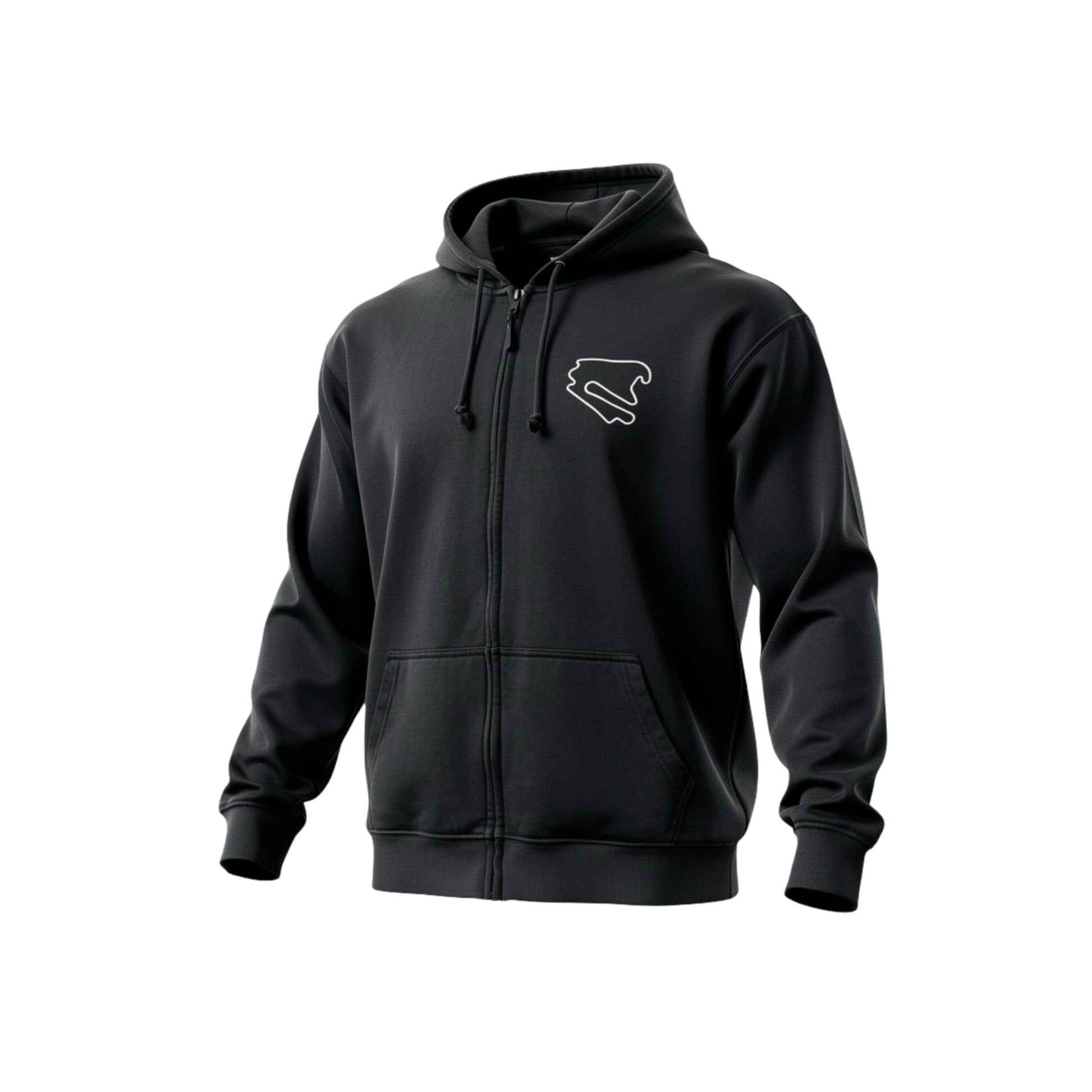 Schwarzer DEKRA Lausitzring Zip Hoodie mit weißem Streckenlogo auf der Brust, Reißverschluss, Kapuze und sportlicher Passform – offizielles DEKRA Lausitzring Merchandise.