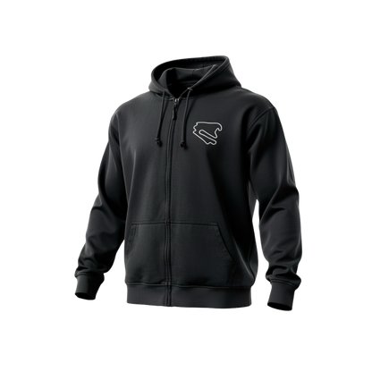 Schwarzer DEKRA Lausitzring Zip Hoodie mit weißem Streckenlogo auf der Brust, Reißverschluss, Kapuze und sportlicher Passform – offizielles DEKRA Lausitzring Merchandise.
