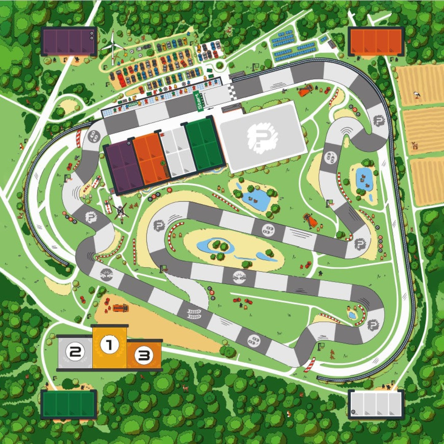 Spielplan des Brettspiels Rennfieber mit detailreicher Rennstrecke des DEKRA Lausitzrings, liebevoll gestaltetes Spielfeld für Motorsportfans und Familien