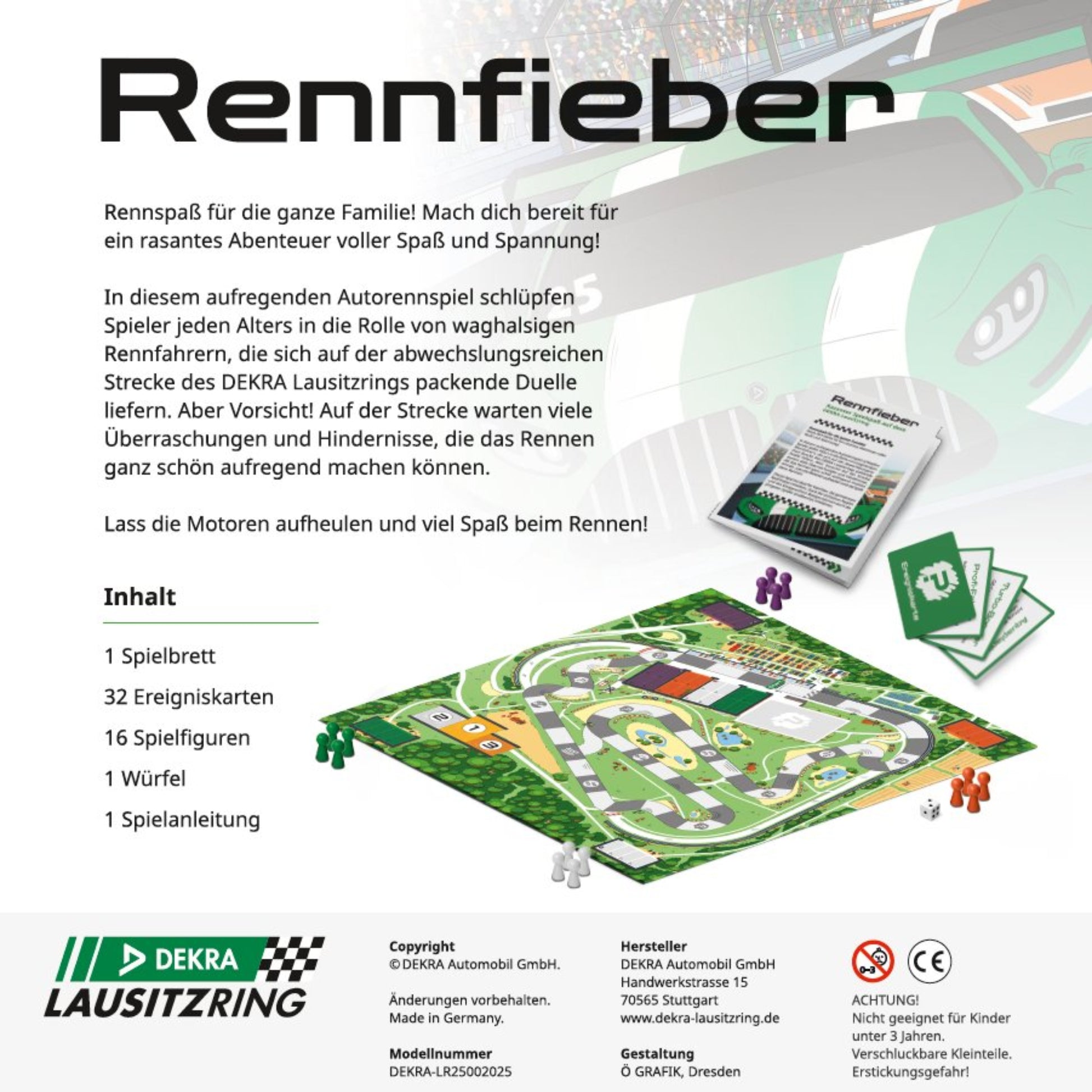 Spielbeschreibung und Inhalte des Brettspiels Rennfieber vom DEKRA Lausitzring, spannendes Autorennspiel mit Spielbrett, Karten und Figuren für die ganze Familie