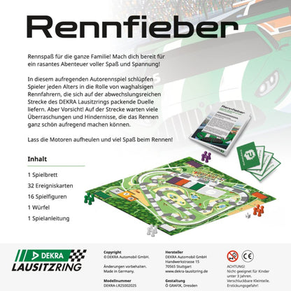 Spielbeschreibung und Inhalte des Brettspiels Rennfieber vom DEKRA Lausitzring, spannendes Autorennspiel mit Spielbrett, Karten und Figuren für die ganze Familie