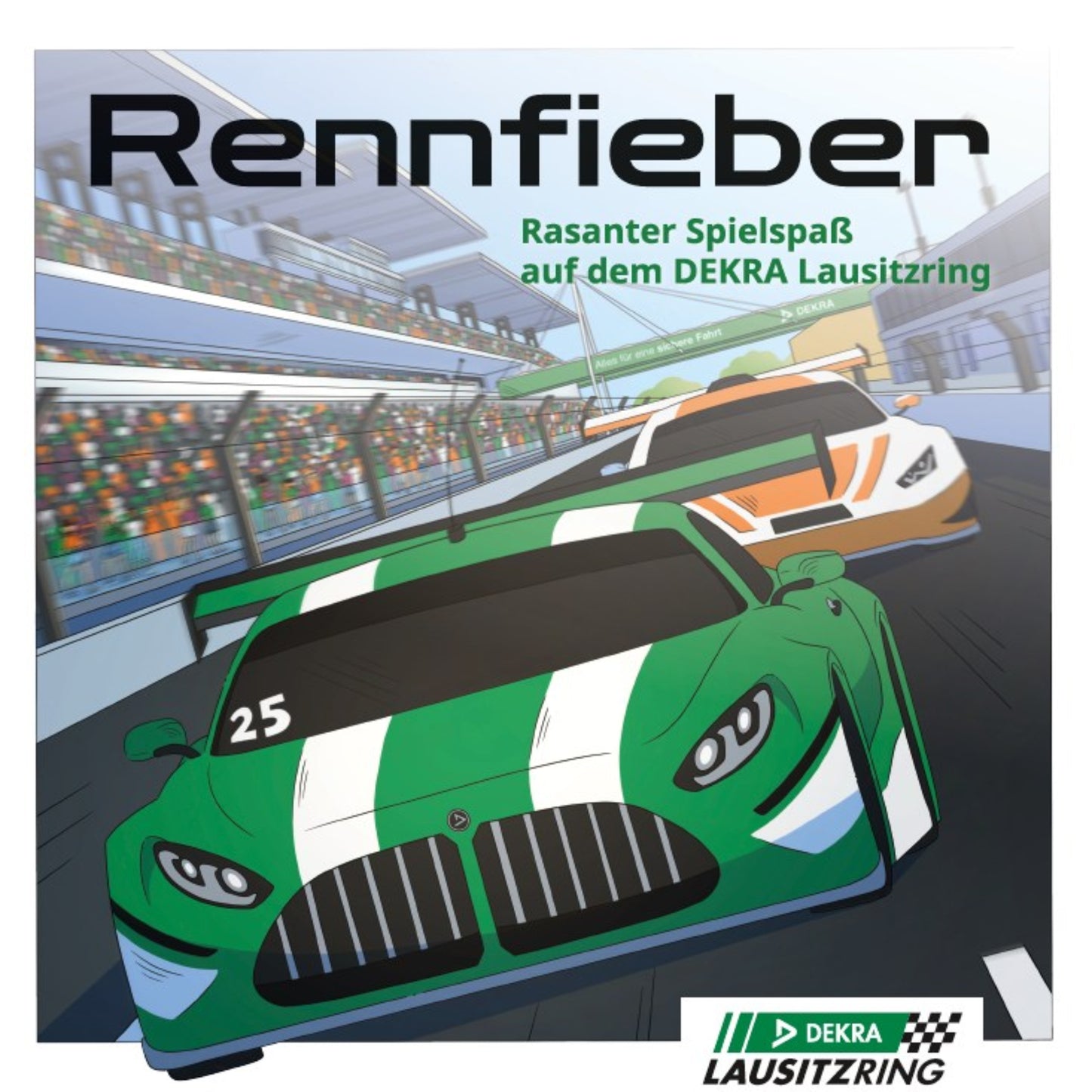 Brettspiel Rennfieber mit Rennwagen-Illustration vom DEKRA Lausitzring, spannendes Motorsport-Spiel für Zuhause mit Rennstreckenfeeling und Spielspaß für die ganze Familie
