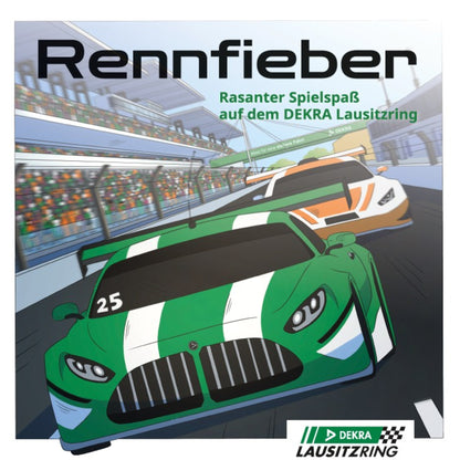 Brettspiel Rennfieber mit Rennwagen-Illustration vom DEKRA Lausitzring, spannendes Motorsport-Spiel für Zuhause mit Rennstreckenfeeling und Spielspaß für die ganze Familie