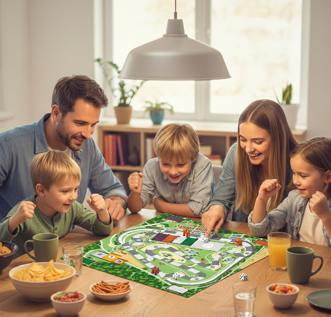 Familie sitz am Tisch und spiel das Brettspiel.
