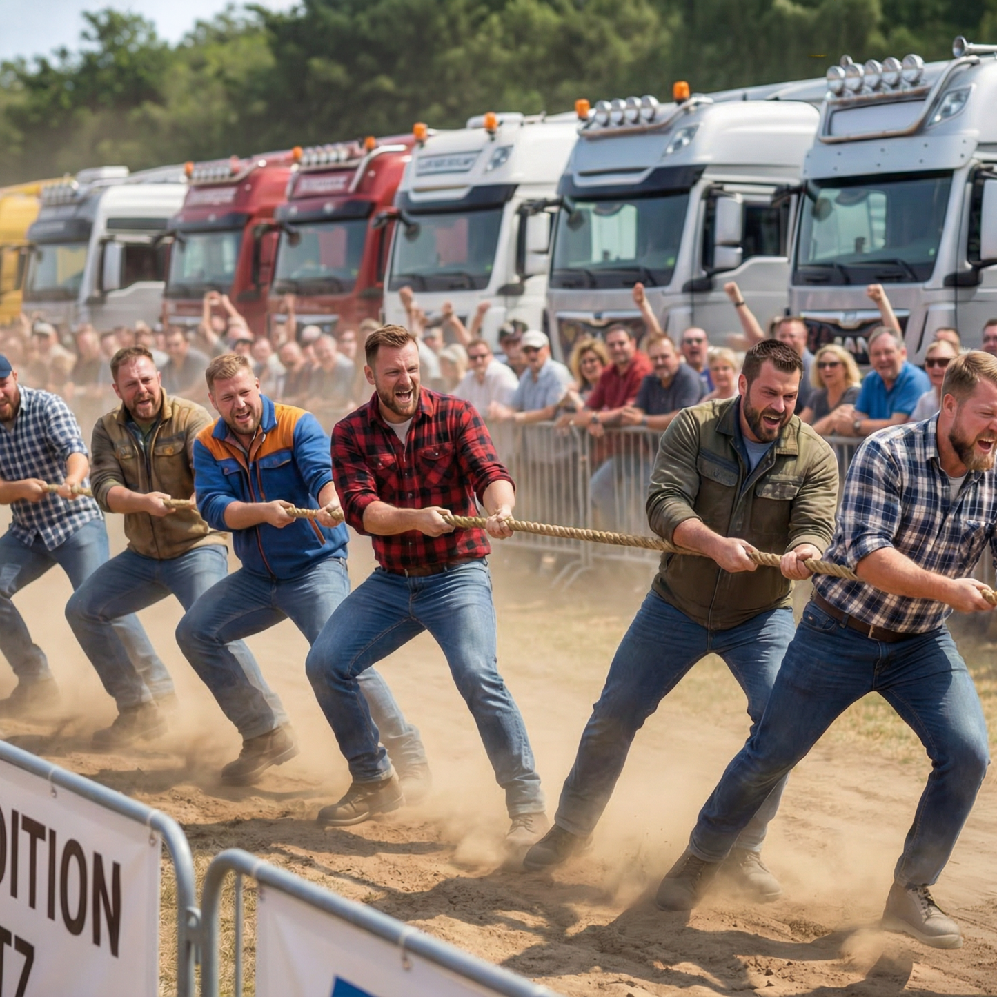 6 Männer beim Tauziehen im Rahmen des Wettbewerbs "Stärkste Spedition der Lausitz" im Rahmen des Truck & Country Festivals auf dem DEKRA Lausitzring