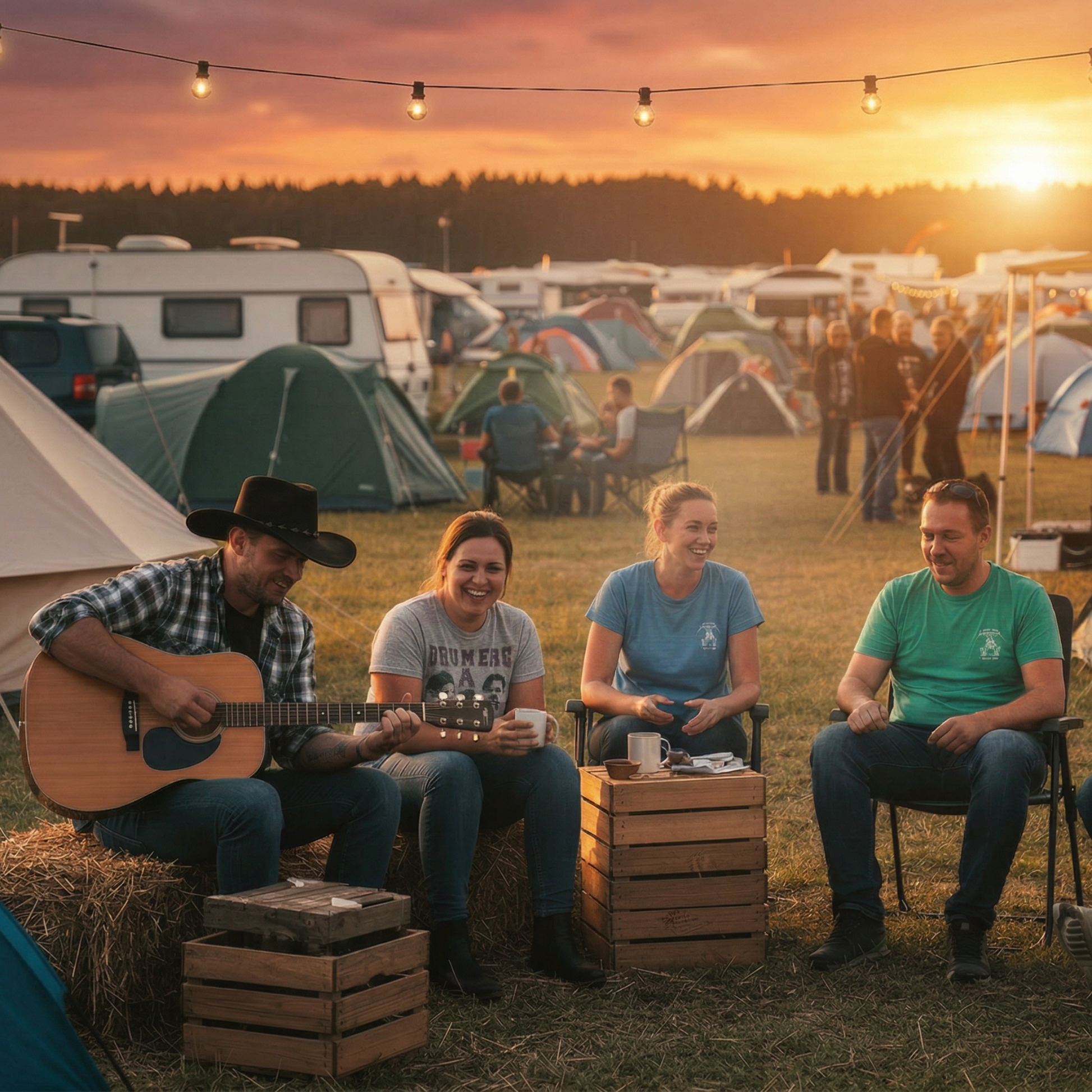 4 Besucher im Camp des Truck und Country Festivals im Sonnenuntergang