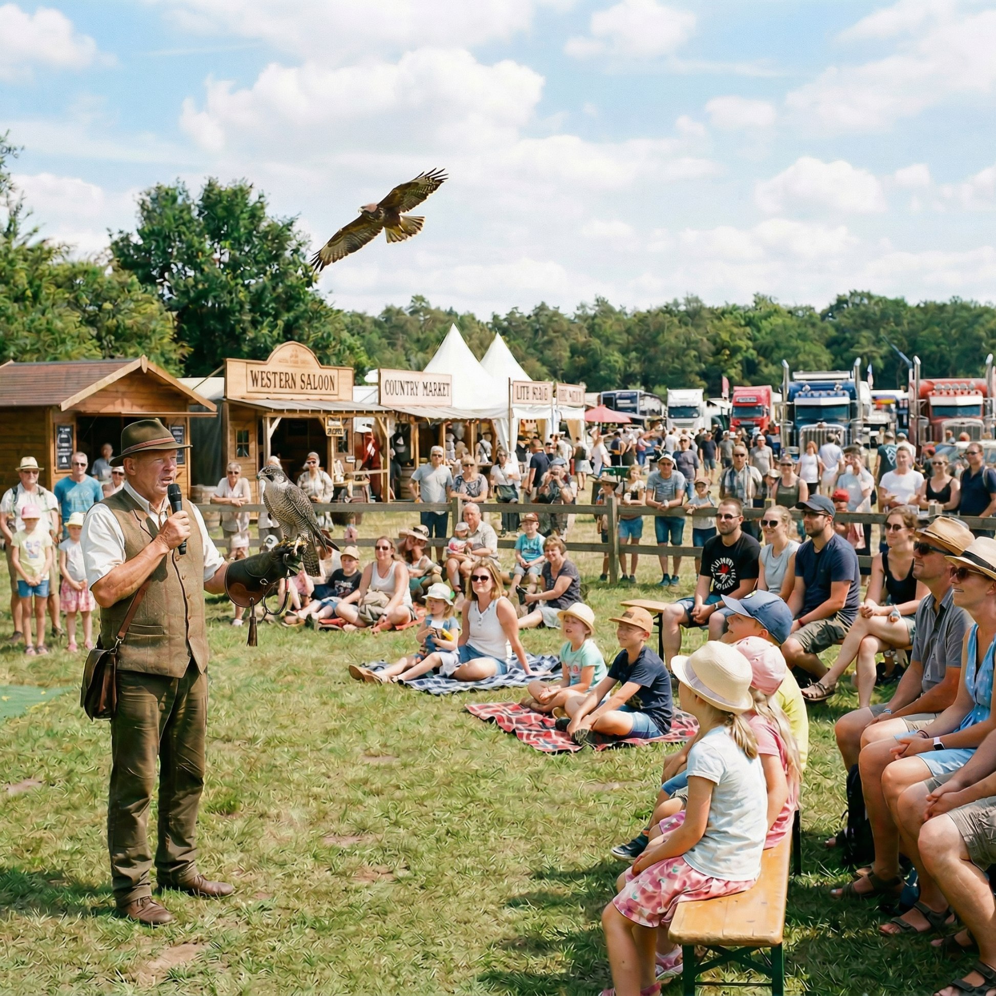 Viele Besucher beobachten die Falknerei Show beim Truck und Country Festival aus der Nähe