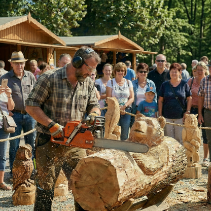 Live Vorführung der Kettensaegenkunst vor diversen Besuchern beim Truck und Country Festival auf dem DEKRA Lausitzring