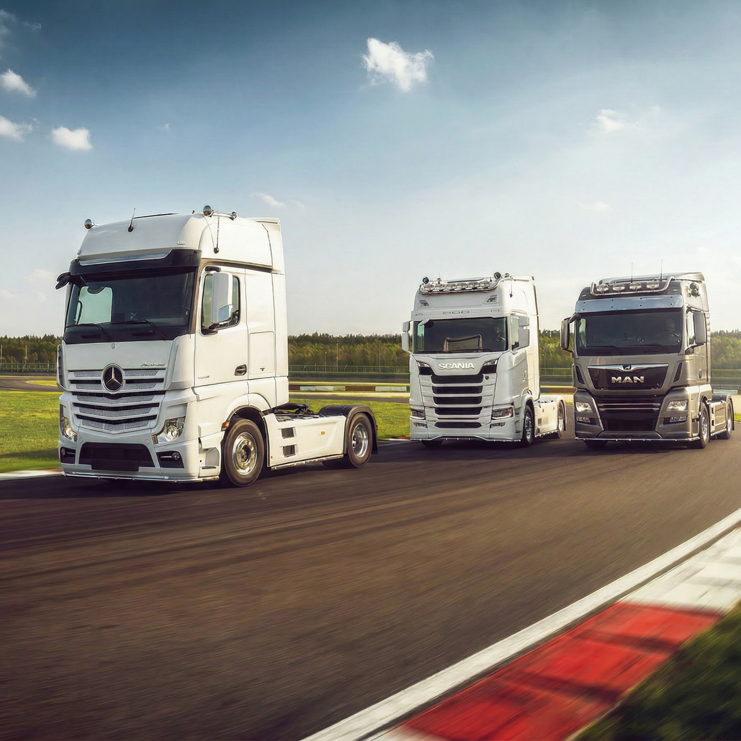 3 LKWs als teil des Korso beim Truck und Country Festival auf der Grand-Prix-Strecke des DEKRA Lausitzrings